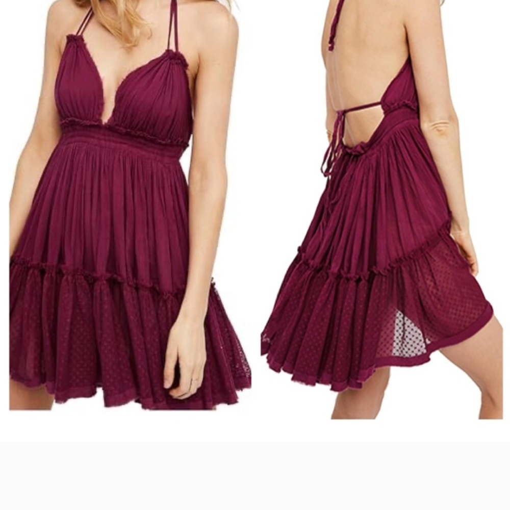 R Vivimos Red Wine Deep V Romantic Summer Dress